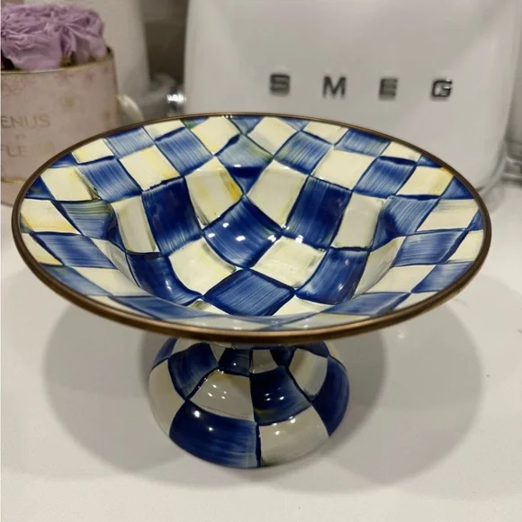 MacKenzie-Childs Blue and Cream Royal Check Enamel Compote Bowl - Picture 2 of 5